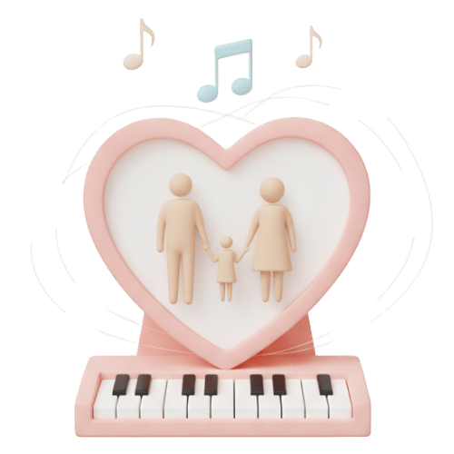 Icône en forme de cœur sur clavier symbolisant une chanson personnalisée pour parents et famille.