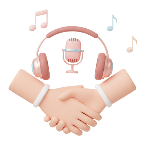 Poignée de main avec casque audio et notes musicales, illustrant une chanson personnalisée pour meilleur ami ou amie.