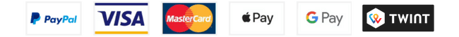 Logo des moyens de paiement : Paypal, Visa, Mastercard, Apple Pay, Google Pay, Twint.