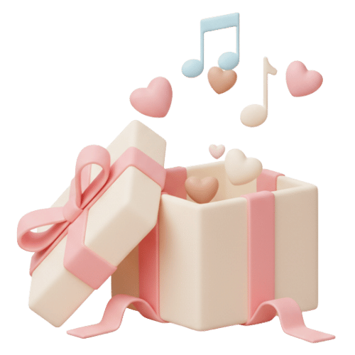 Cadeau décoré de cœurs et de notes de musique, symbole d’une chanson personnalisée offerte sans occasion particulière.