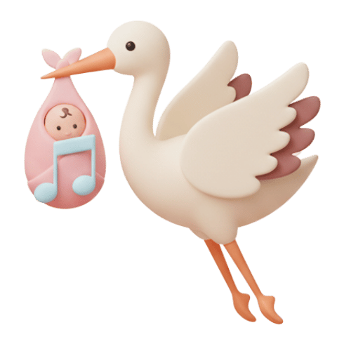 Cigogne portant un bébé avec une note de musique, représentant une chanson personnalisée pour naissance ou bébé.